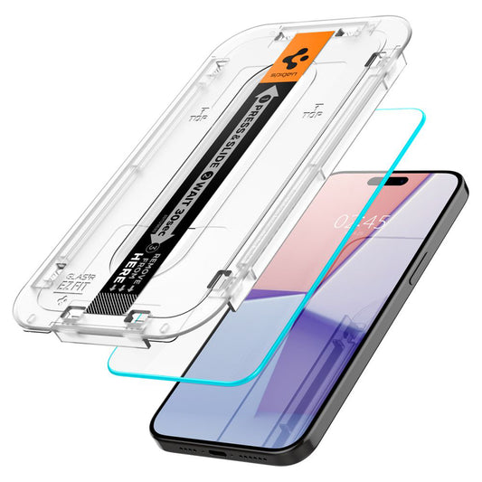 Защитно фолио за екран Spigen GlastR EZ FIT за Apple iPhone 15 Pro Max, закалено стъкло, пълно лепило, комплект 2 броя AGL06872