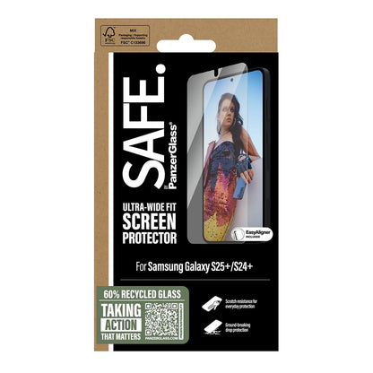 Протектор за екран PanzerGlass Safe. Ultra-Wide Fit EasyAligner за Samsung Galaxy S25+ S936, закалено стъкло, пълно залепване, повторно запечатан