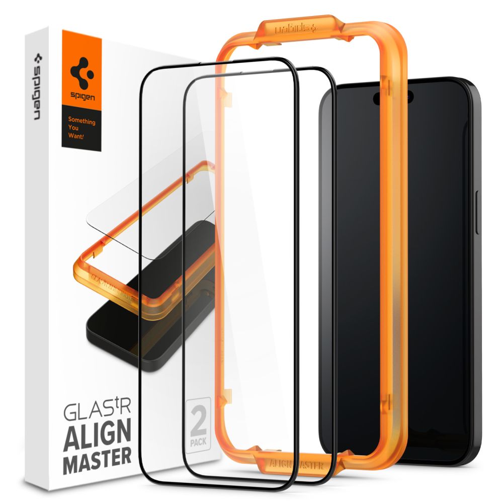 Spigen Align Master Screen Protector за Apple iPhone 15 Pro, защитно стъкло, пълно лепило, комплект 2 броя, 2.5D, черен