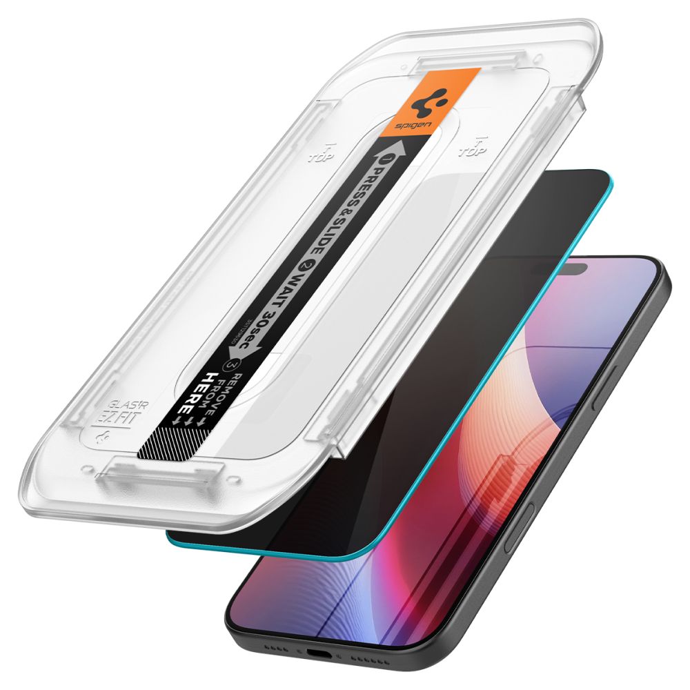 Защитно фолио за екран Privacy Spigen GlastR EZ FIT за Apple iPhone 17 Pro / 17 / 16 Pro, Закалено стъкло, Пълно лепило, Комплект 2 броя AGL07929