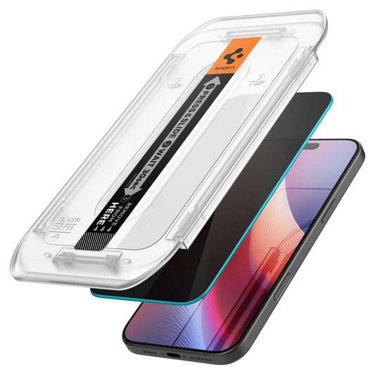 Защитно фолио за екран Privacy Spigen GlastR EZ FIT за Apple iPhone 17 Pro / 17 / 16 Pro, Закалено стъкло, Пълно лепило, Комплект 2 броя AGL07929