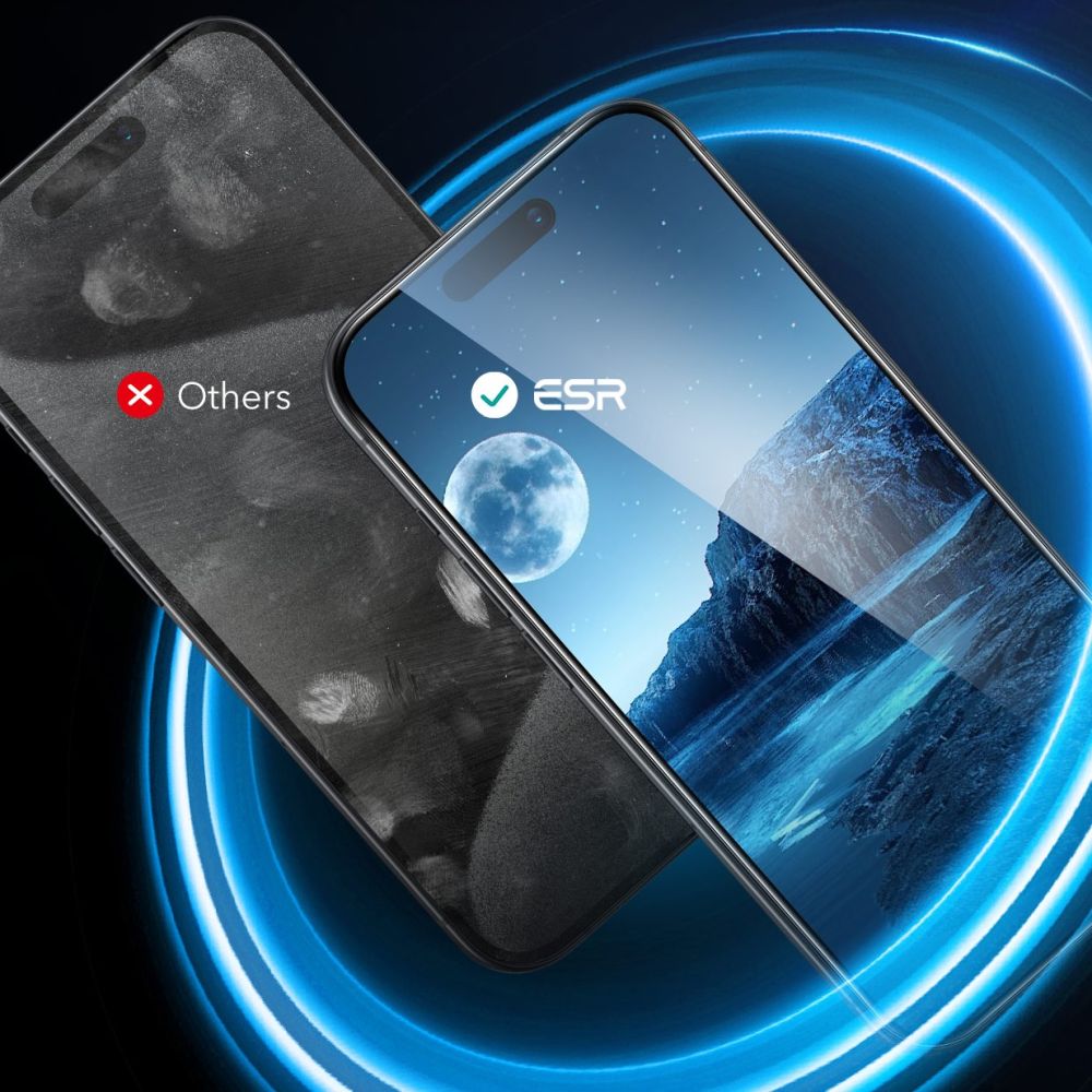 Защитно фолио ESR за екран на Apple iPhone 16 / 15, закалено стъкло, пълно залепване, комплект от 2 броя, черно.