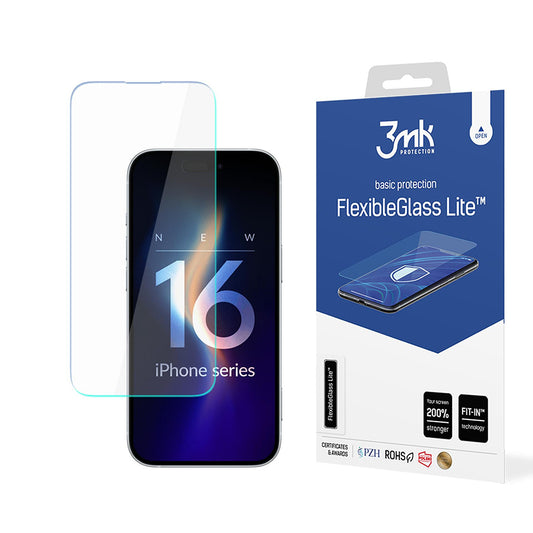 Протектор за екран 3MK FlexibleGlass Lite за Apple iPhone 16, гъвкаво стъкло, пълно залепване