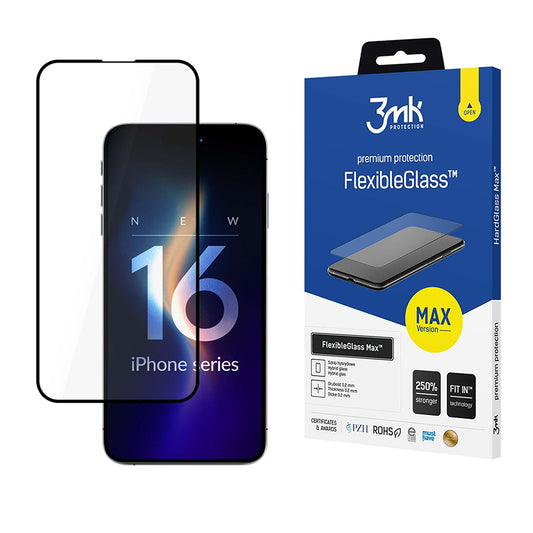 Протектор за екран 3MK FlexibleGlass Max за Apple iPhone 16 Pro, гъвкаво стъкло, пълно залепване, черен