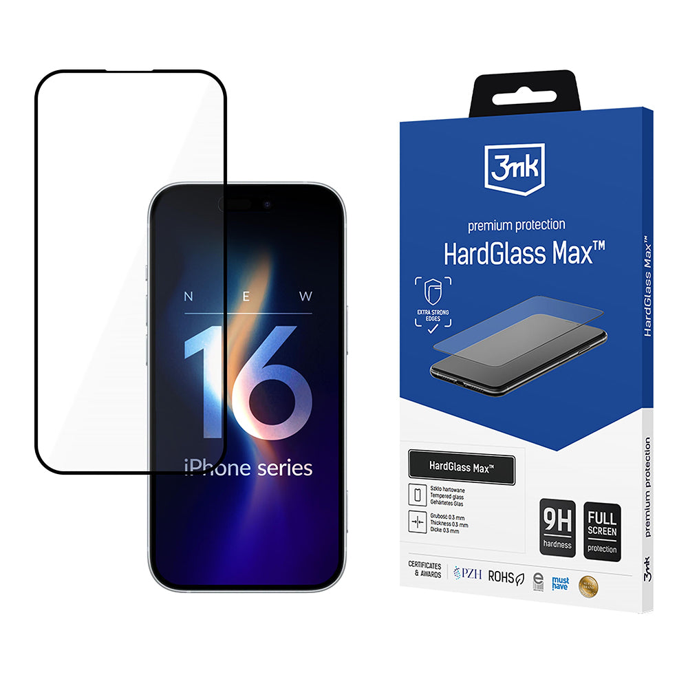 Протектор за екран 3MK HardGlass Max за Apple iPhone 16 Pro, закалено стъкло, пълно залепване, черен