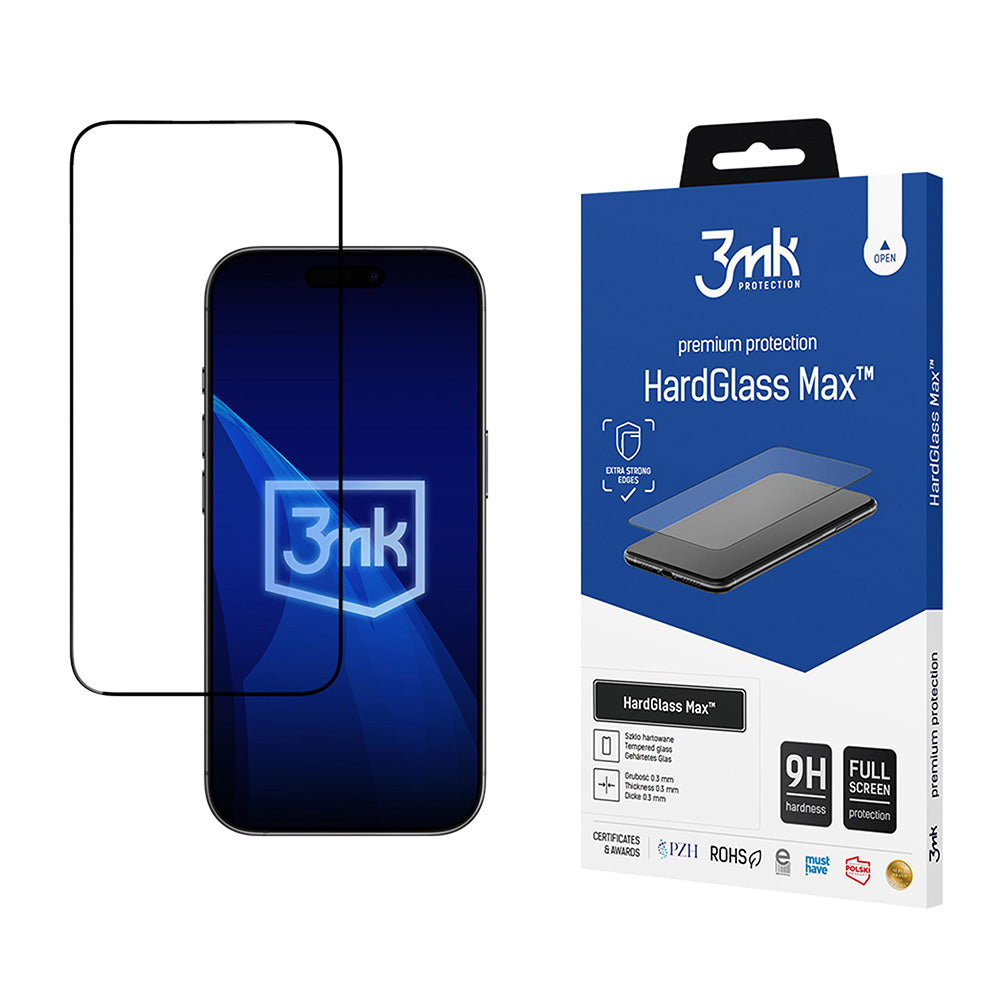Защитно фолио 3MK HardGlass Max за екран на Apple iPhone 17 Air, закалено стъкло, пълно лепило, черно