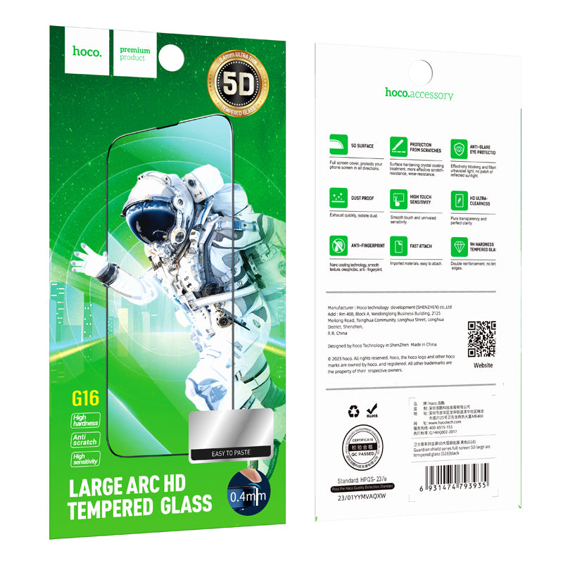 HOCO G16 Screen Protector for Apple iPhone 14 Pro Max, Tempered Glass, Full Glue, 5D, Black
