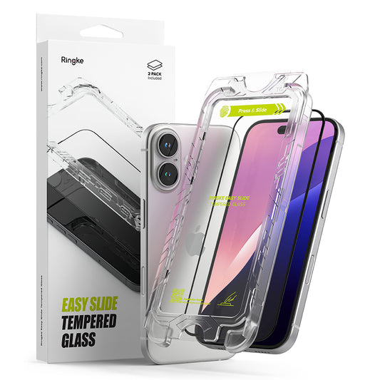 Ringke Easy Slide Screen Protector за Apple iPhone 16 Plus / 15 Plus, със стъклена защита, с пълно лепило, комплект 2 броя, черен