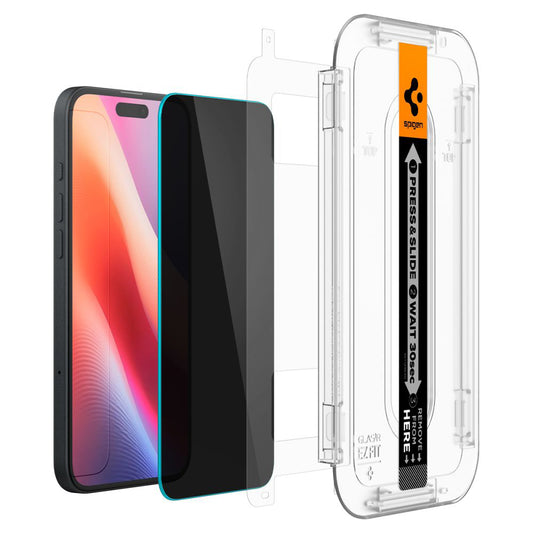 Защитно фолио Privacy Spigen GlastR EZ FIT за Apple iPhone 16 / 15, закалено стъкло, пълно лепило, комплект 2 броя AGL06905