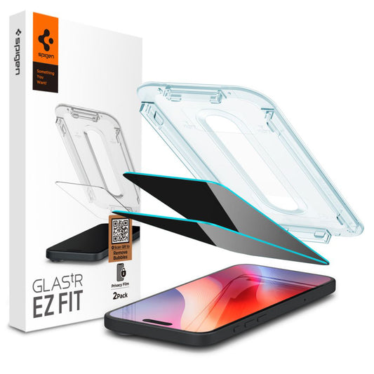 Защитно фолио Privacy Spigen GlastR EZ FIT за Apple iPhone 16 / 15, закалено стъкло, пълно лепило, комплект 2 броя AGL06905