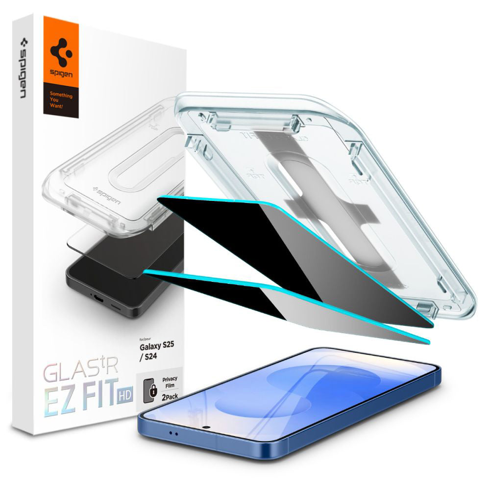 Протектор за екран Privacy Spigen GlastR EZ FIT HD за Samsung Galaxy S25 S931 / S24 S921, закалено стъкло, пълно залепване, комплект 2 броя