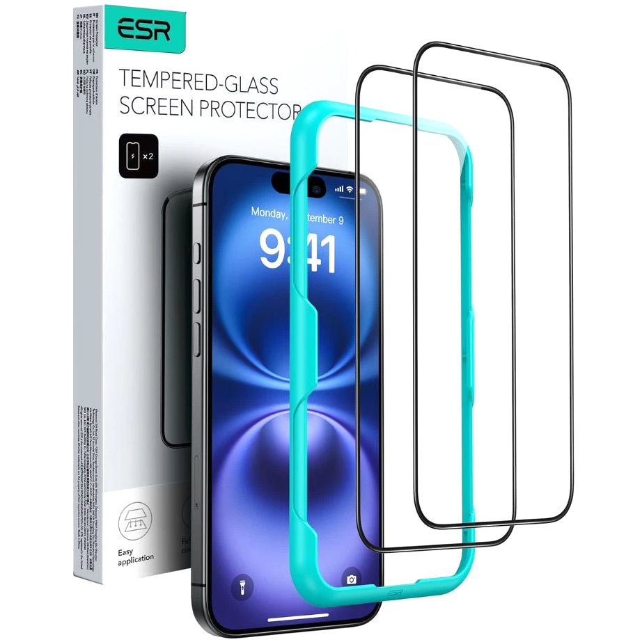 Защитно фолио ESR за екран на Apple iPhone 16 Pro Max, закалено стъкло, пълно залепване, комплект от 2 броя, черно.