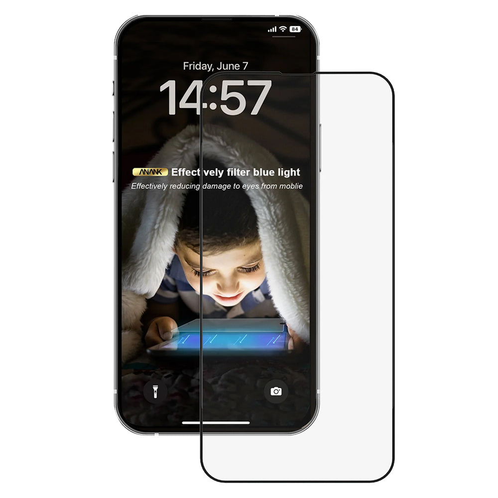 Протектор за екран Anti Blue Light Anank за Apple iPhone 15, закалено стъкло, пълно залепване, 2.5D, черен