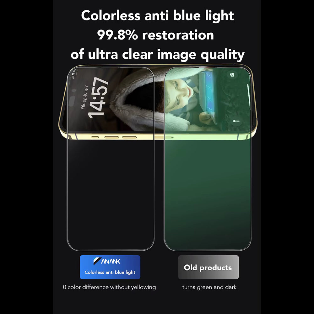 Протектор за екран Anti Blue Light Anank за Apple iPhone 15, закалено стъкло, пълно залепване, 2.5D, черен