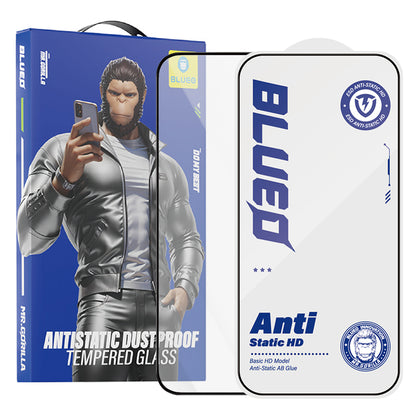 Протектор за екран Blueo Anti-Static HD за Apple iPhone 17e / 16e / 14 / 13 Pro, закалено стъкло, пълно залепване, черен