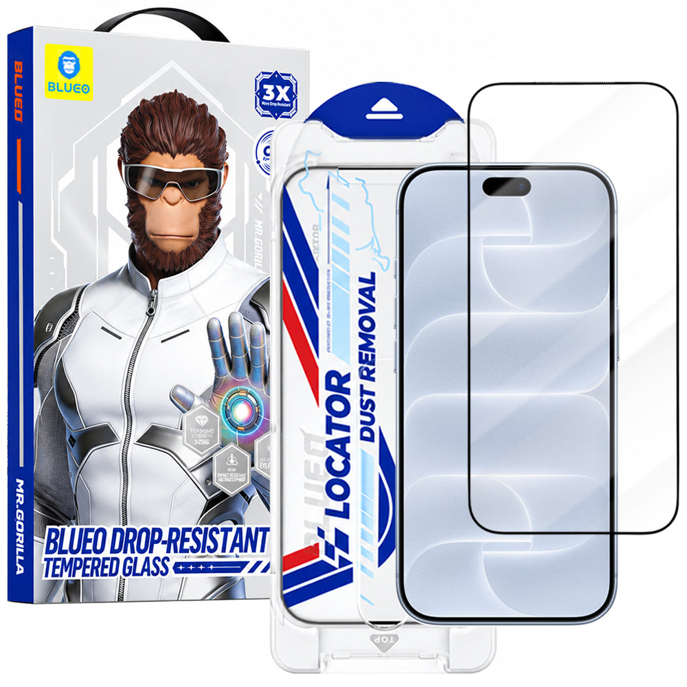 Протектор за екран Blueo Drop Resistant Applicator Pro за Apple iPhone 18 Pro / 17 Pro / 17 / 16 Pro, закалено стъкло, Full Glue, черен