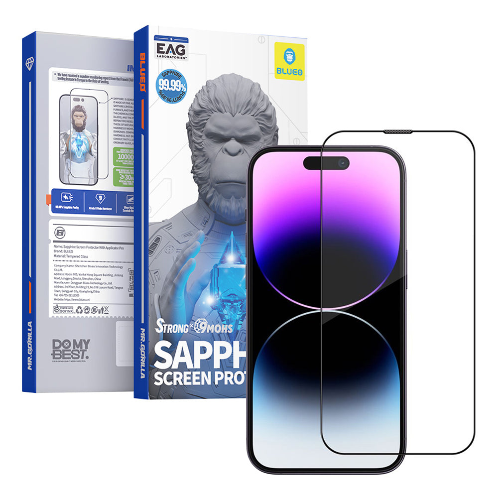 Blueo Sapphire Applicator Pro Screen Protector Film for Apple iPhone 15 Pro Max, Tempered Glass, Full Glue, Black
