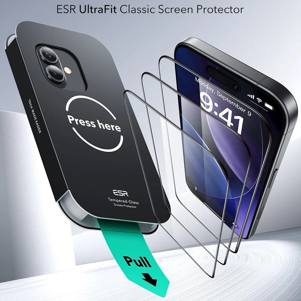 Фолио за защита на екрана ESR UltraFit за Apple iPhone 17 / 16 Pro, Закалено стъкло, Пълно лепило, Комплект 3 броя