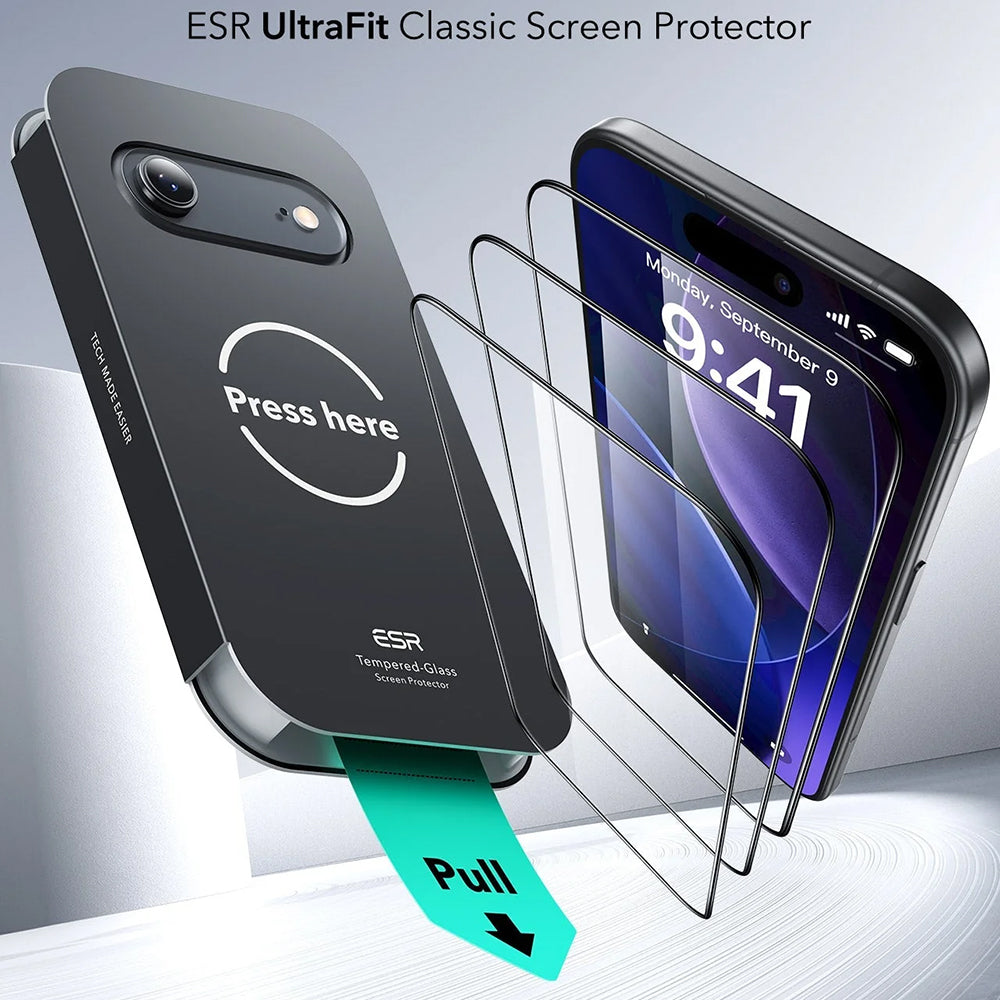 Защитно фолио ESR UltraFit за екран на Apple iPhone 17 Air, закалено стъкло, Full Glue, комплект от 3 броя.
