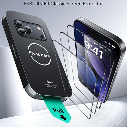Защитно фолио ESR UltraFit за екран на Apple iPhone 17 Pro Max, закалено стъкло, пълно залепване, комплект от 3 броя.