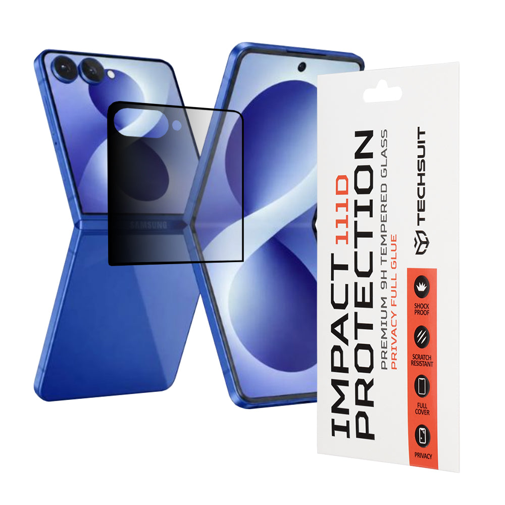 Протектор за външен екран Privacy Techsuit за Samsung Galaxy Z Flip8 F776, закалено стъкло, пълно залепване, 111D