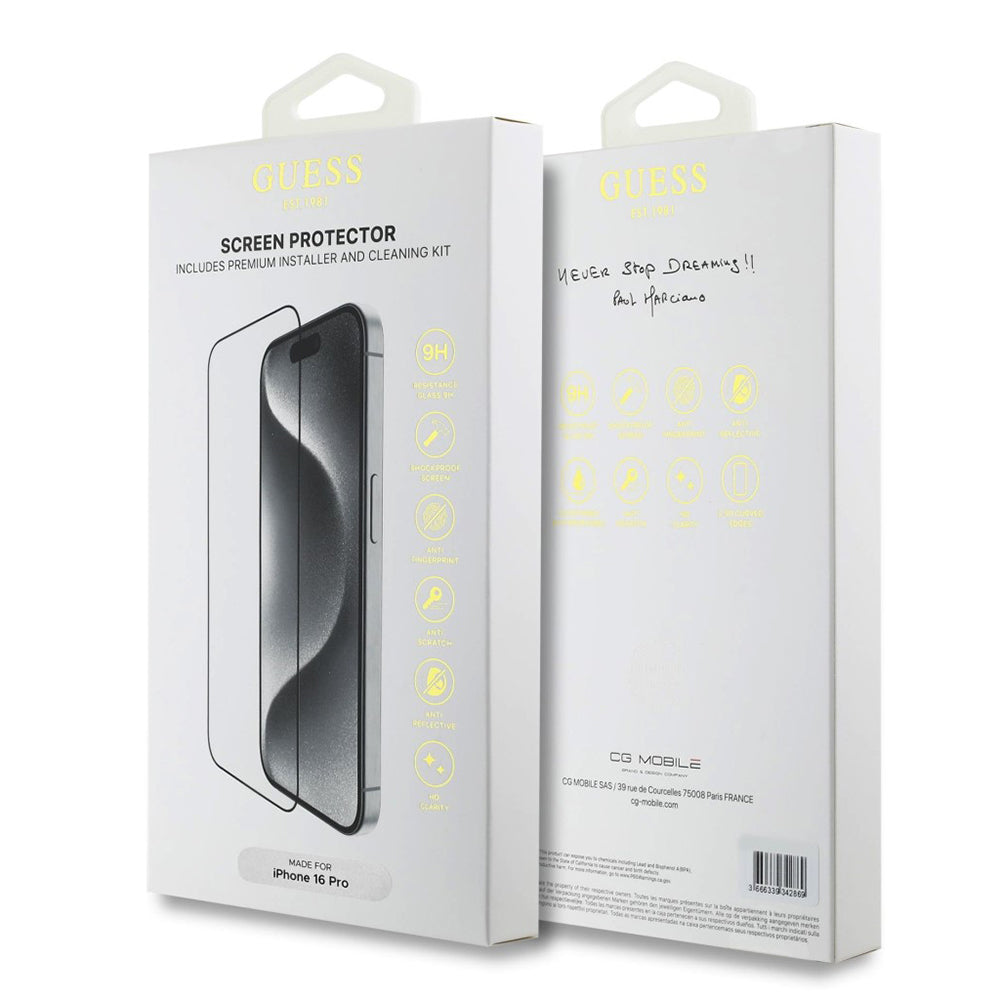 Защитно фолио за екран Guess Classic Outline за Apple iPhone 16 Pro, Закалено стъкло, Пълно лепило, 2.5D, Черно GUTGP16LBOKGCIT