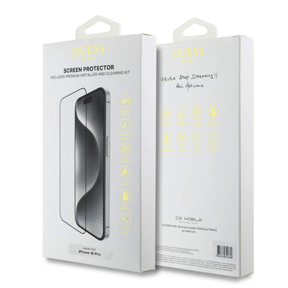Защитно фолио за екран Guess Classic Outline за Apple iPhone 16 Pro, Закалено стъкло, Пълно лепило, 2.5D, Черно GUTGP16LBOKGCIT