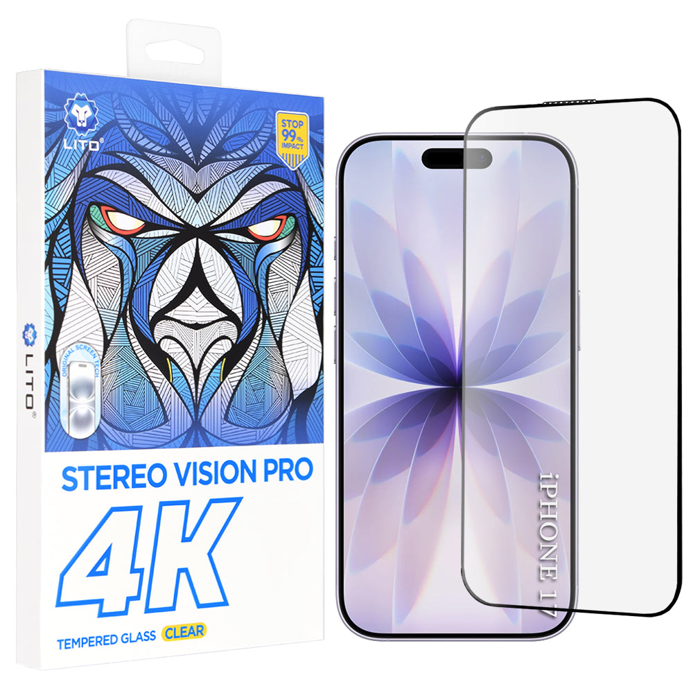 Защитно фолио Lito D+ Max 4K за екран на Apple iPhone 17 / 16 Pro, закалено стъкло, пълно лепило, черно