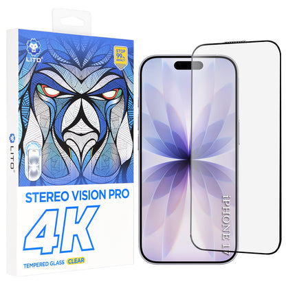 Защитно фолио Lito D+ Max 4K за екран на Apple iPhone 17 / 16 Pro, закалено стъкло, пълно лепило, черно