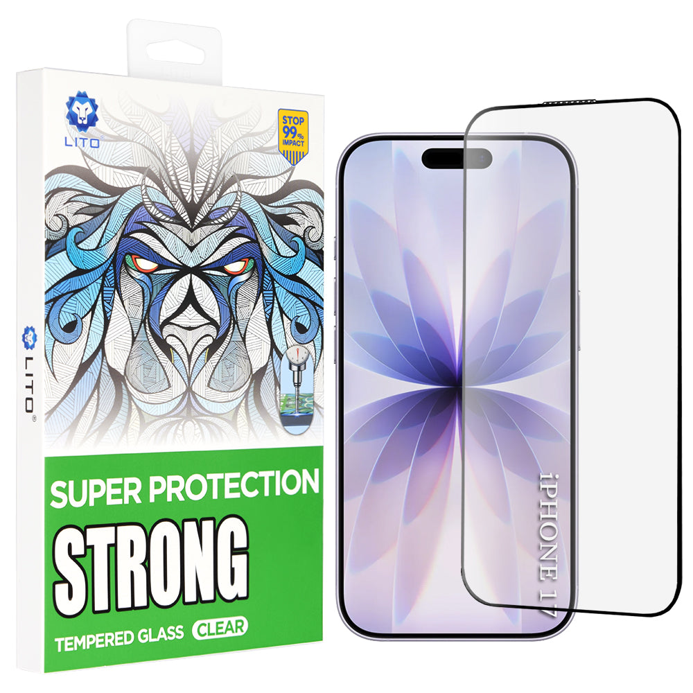 Защитно фолио Lito D+ Max Strong за екран на Apple iPhone 17 / 16 Pro, закалено стъкло, пълно лепило, черно