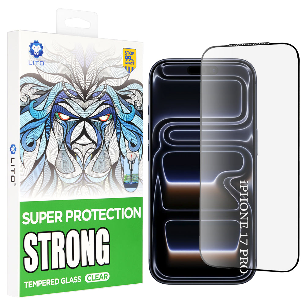 Защитно фолио Lito D+ Max Strong за Apple iPhone 17 Pro, закалено стъкло, пълно лепило, черно