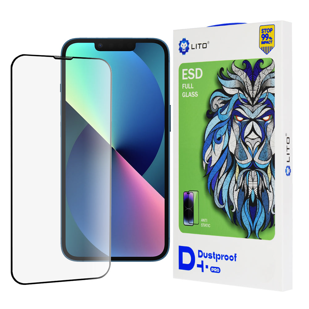 Защитно фолио Lito D+ Pro Dustproof за екран на Apple iPhone 14 / 13 Pro / 13, закалено стъкло, пълно лепило, черно.
