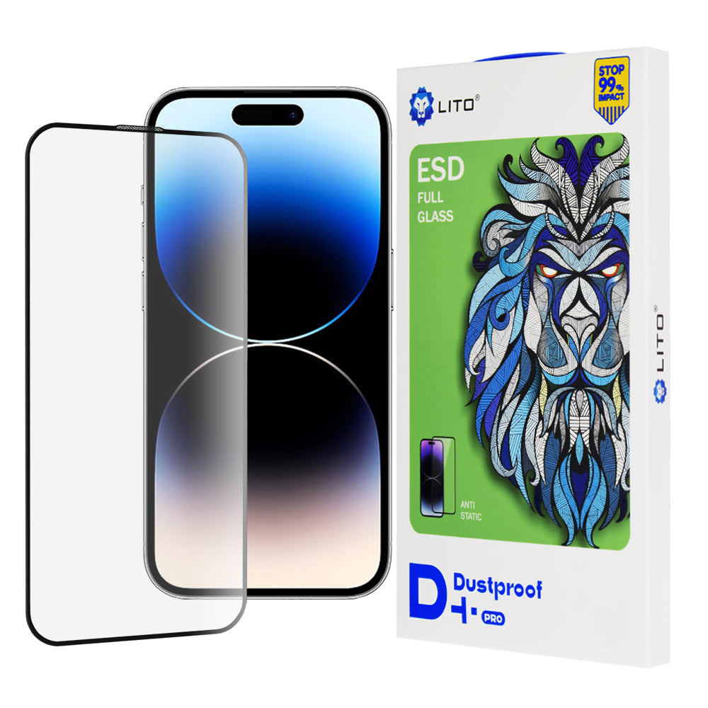 Протектор за екран Lito D+ Pro Dustproof за Apple iPhone 14 Pro, закалено стъкло, пълно залепване, черен
