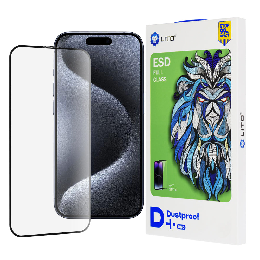 Протектор за екран Lito D+ Pro Dustproof за Apple iPhone 15 Pro, закалено стъкло, пълно залепване, черен