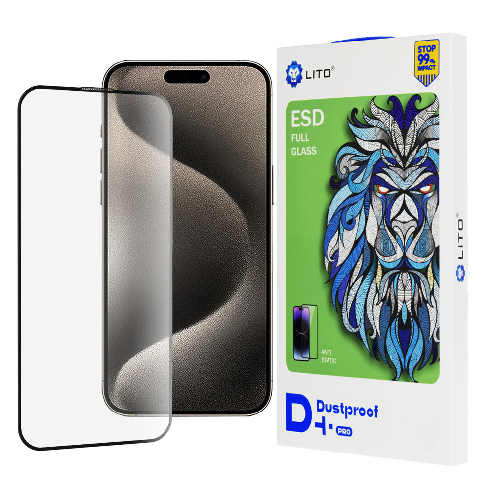 Протектор за екран Lito D+ Pro Dustproof за Apple iPhone 15, закалено стъкло, пълно залепване, черен