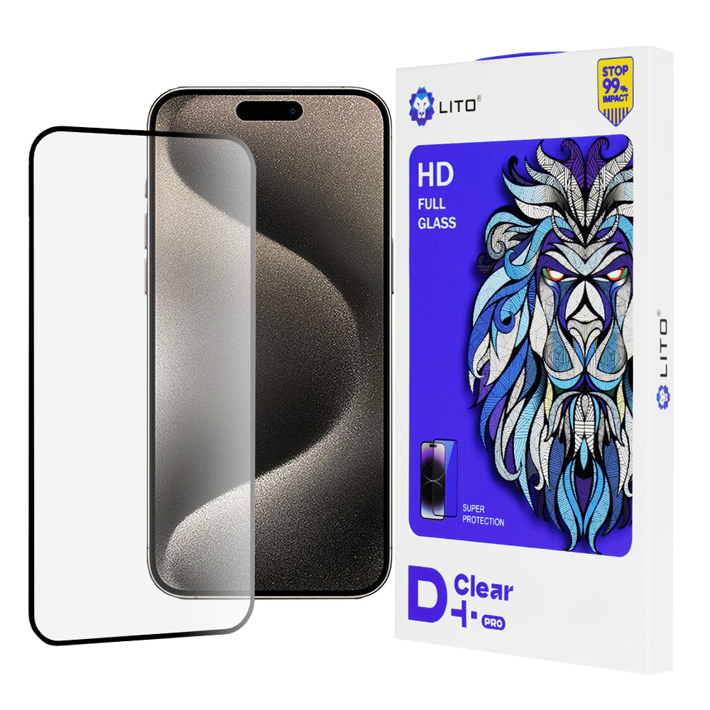 Протектор за екран Lito D+ Pro за Apple iPhone 15 Pro Max, закалено стъкло, пълно залепване, черен