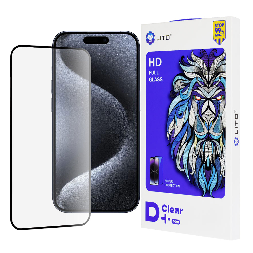 Протектор за екран Lito D+ Pro за Apple iPhone 15 Pro, закалено стъкло, пълно залепване, черен