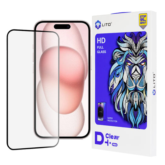 Протектор за екран Lito D+ Pro за Apple iPhone 15, закалено стъкло, пълно залепване, черен
