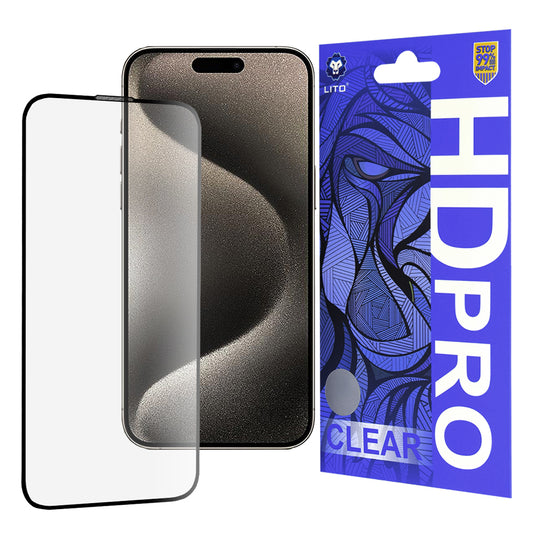 Протектор за екран Lito HD Pro Clear за Apple iPhone 15 Pro Max, закалено стъкло, пълно залепване, черен
