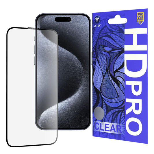 Протектор за екран Lito HD Pro Clear за Apple iPhone 15 Pro, закалено стъкло, пълно залепване, черен