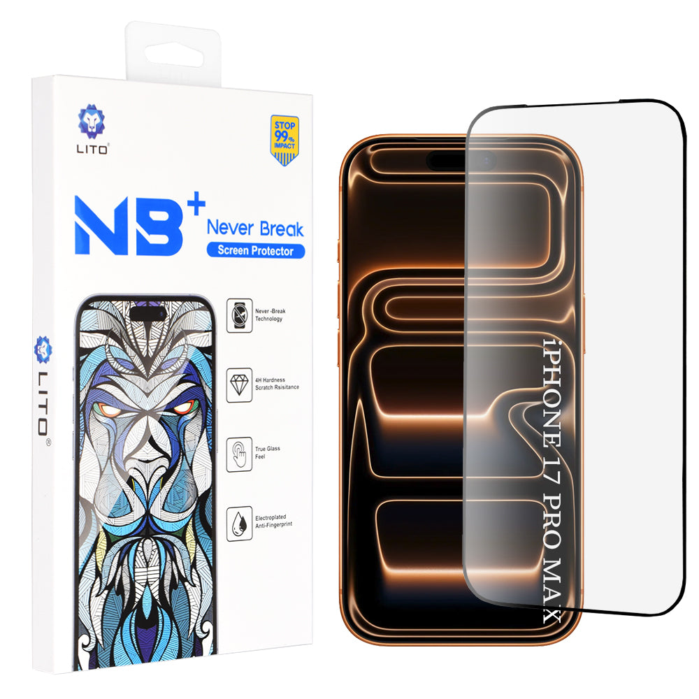 Защитно фолио Lito NB за екран на Apple iPhone 17 Pro Max, закалено стъкло, пълно лепене, черно