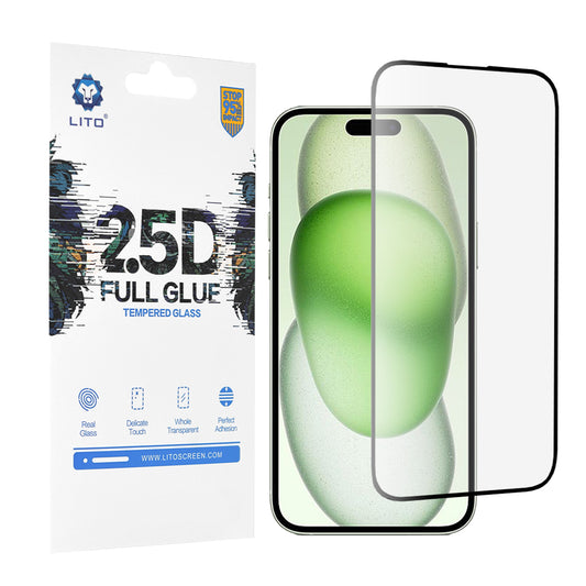 Протектор за екран Lito за Apple iPhone 15 Plus, закалено стъкло, пълно залепване, 2.5D, черен