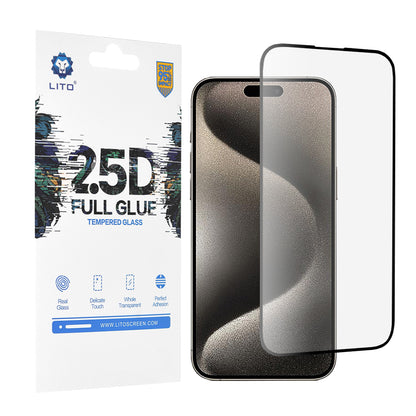 Протектор за екран Lito за Apple iPhone 15 Pro Max, закалено стъкло, пълно залепване, 2.5D, черен