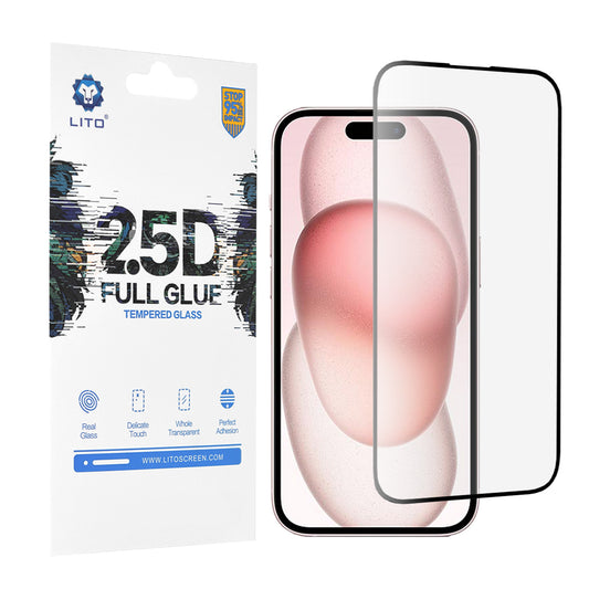 Протектор за екран Lito за Apple iPhone 15, закалено стъкло, пълно залепване, 2.5D, черен