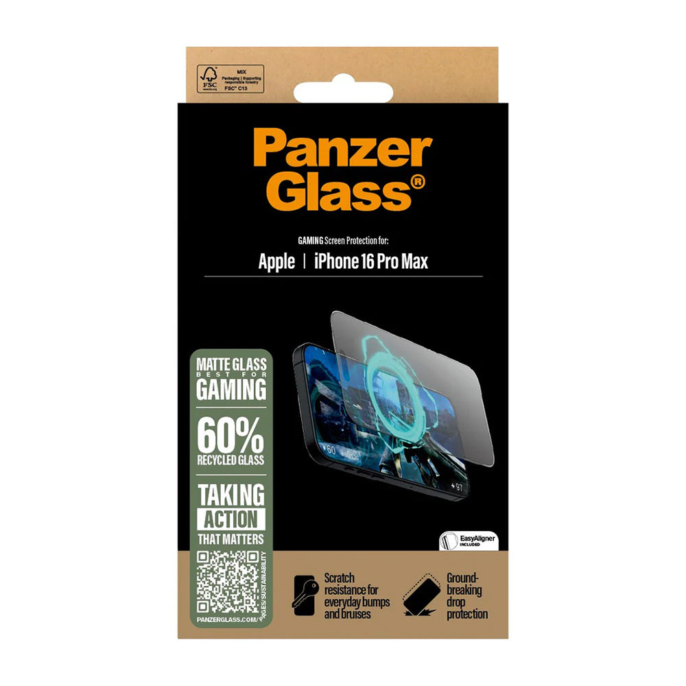 Защитно фолио Matte PanzerGlass Ultra-Wide Fit Gaming за Apple iPhone 16 Pro Max, закалено стъкло, пълно лепило, черно
