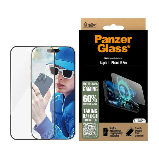 Matte PanzerGlass Ultra-Wide Fit Gaming Screen Protector for Apple iPhone 16 Pro, Tempered Glass, Full Glue, Black