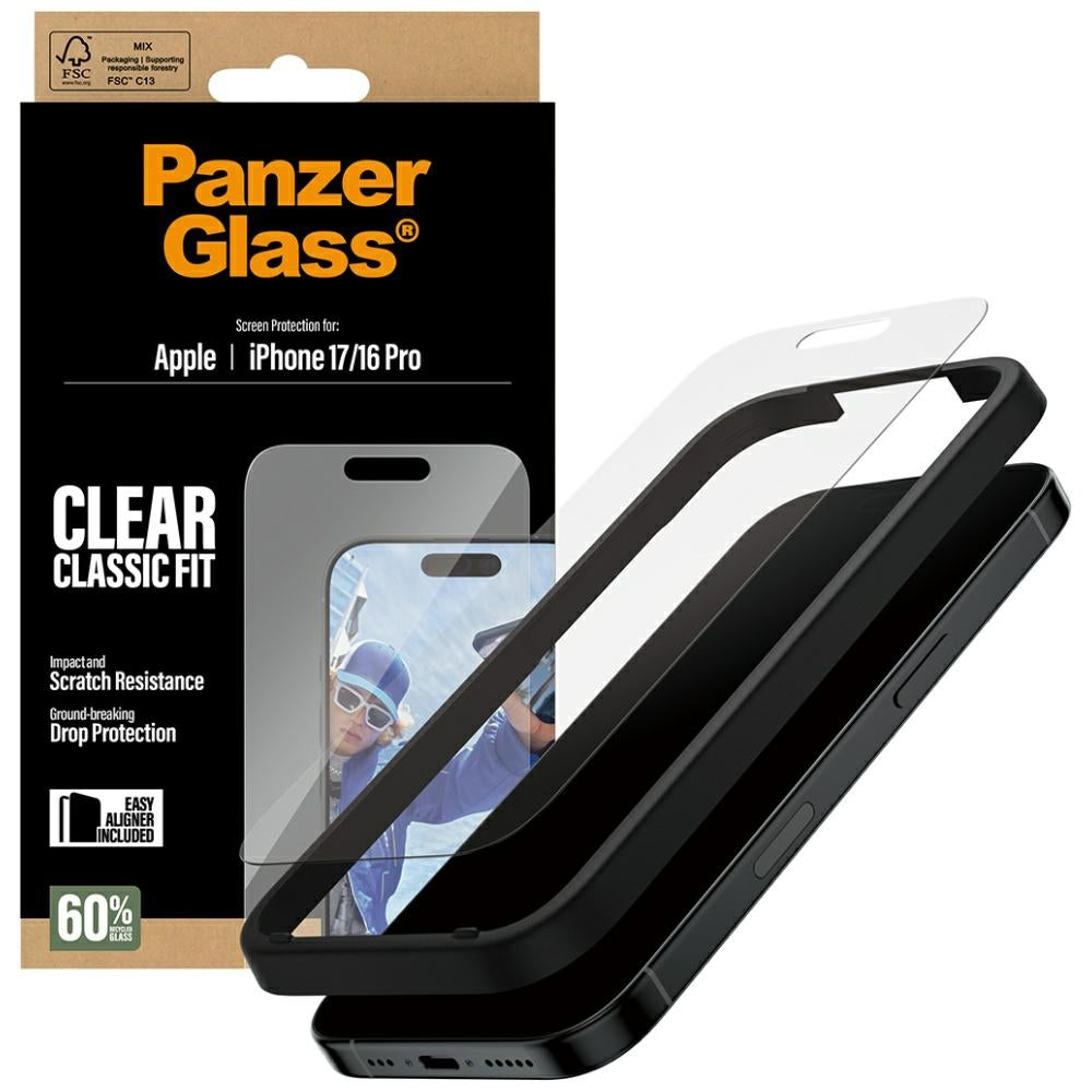 Защитно фолио за екран PanzerGlass Classic Fit EasyAligner за Apple iPhone 17 / 16 Pro, закалено стъкло, Full Glue