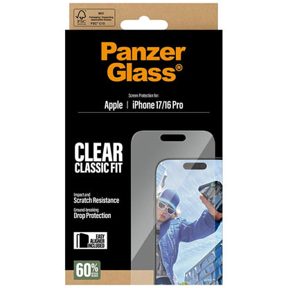 Защитно фолио за екран PanzerGlass Classic Fit EasyAligner за Apple iPhone 17 / 16 Pro, закалено стъкло, Full Glue