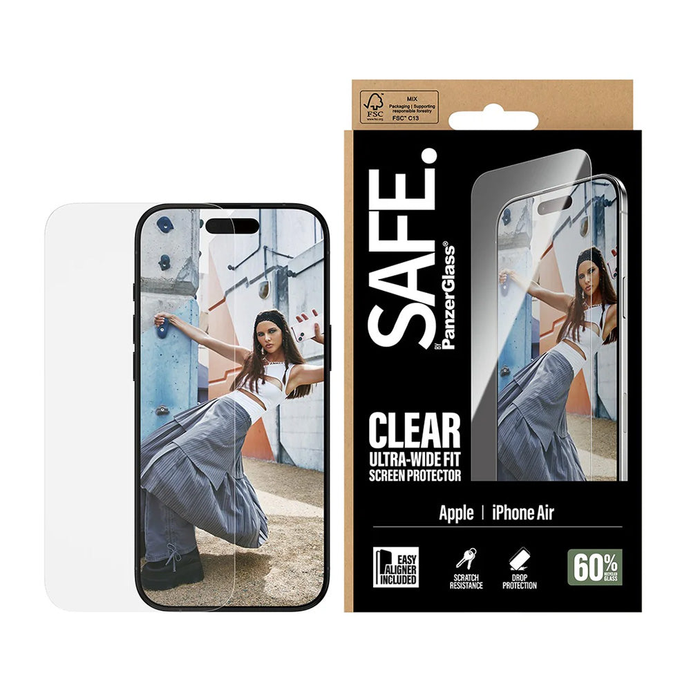 Защитно фолио за екран PanzerGlass Safe. Ultra-Wide Fit EasyAligner за Apple iPhone 17 Air, Закалено стъкло, Пълно залепване.