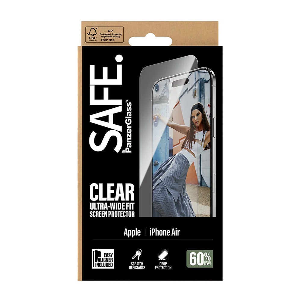 Защитно фолио за екран PanzerGlass Safe. Ultra-Wide Fit EasyAligner за Apple iPhone 17 Air, Закалено стъкло, Пълно залепване.